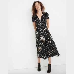 Madewell Puff-Sleeve Wrap-Front Midi Dress in Polka Daisies